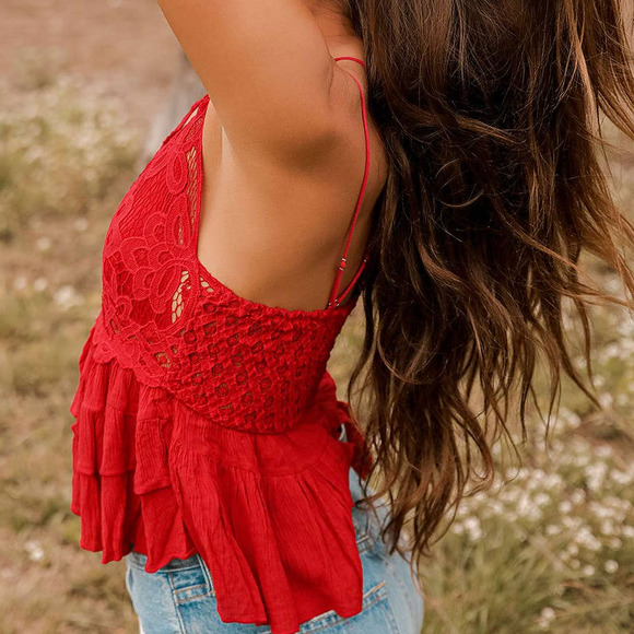 NWT Free People Adella Cami Lace Ruffled Top Red Size XS - Picture 4 of 7